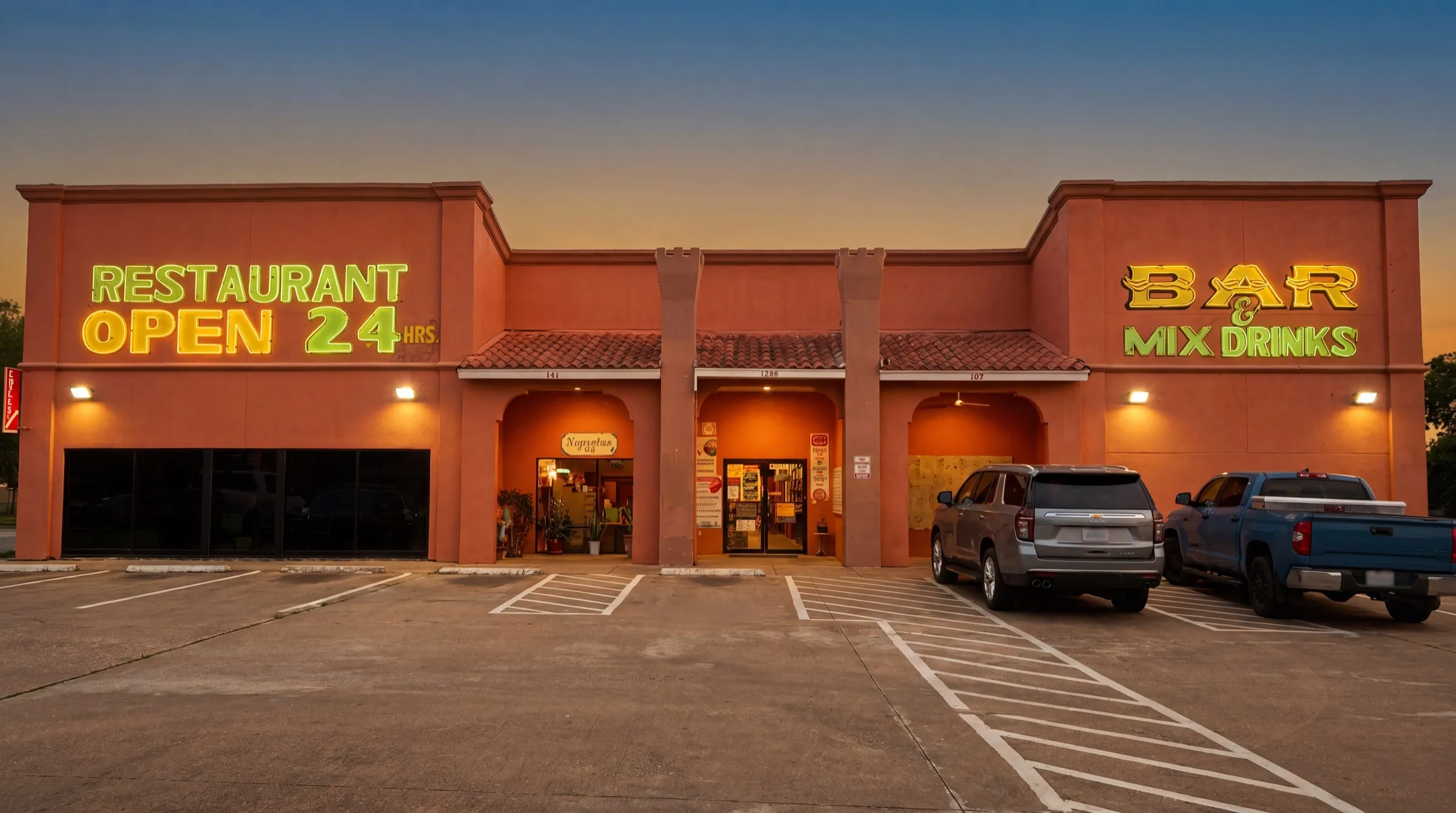 El Torreón exterior at dusk with glowing neon signs reading "Open 24 Hours" and "Bar & Mix Drinks"