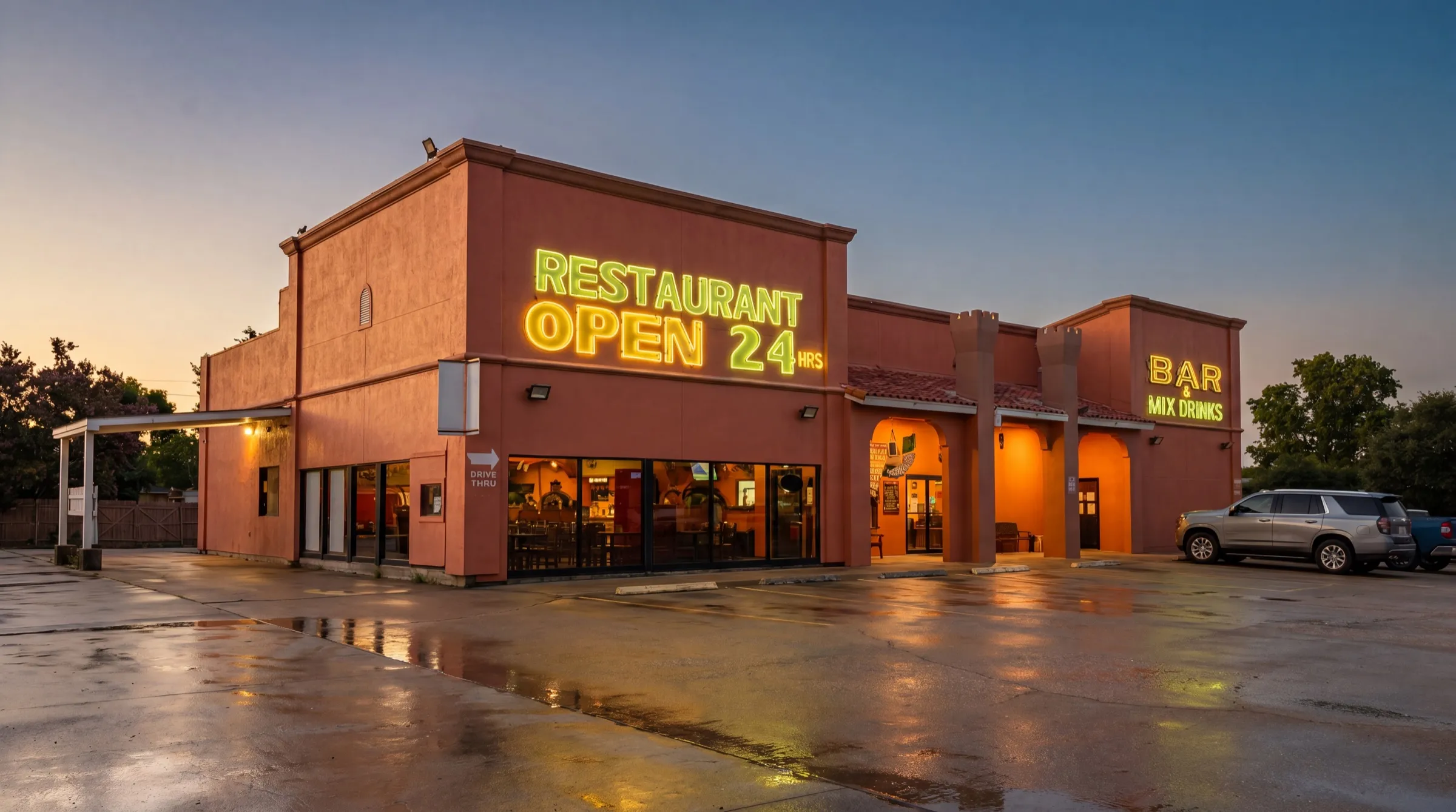 El Torreón corner view at dusk with reflective wet parking lot and neon Drive-Thru signage