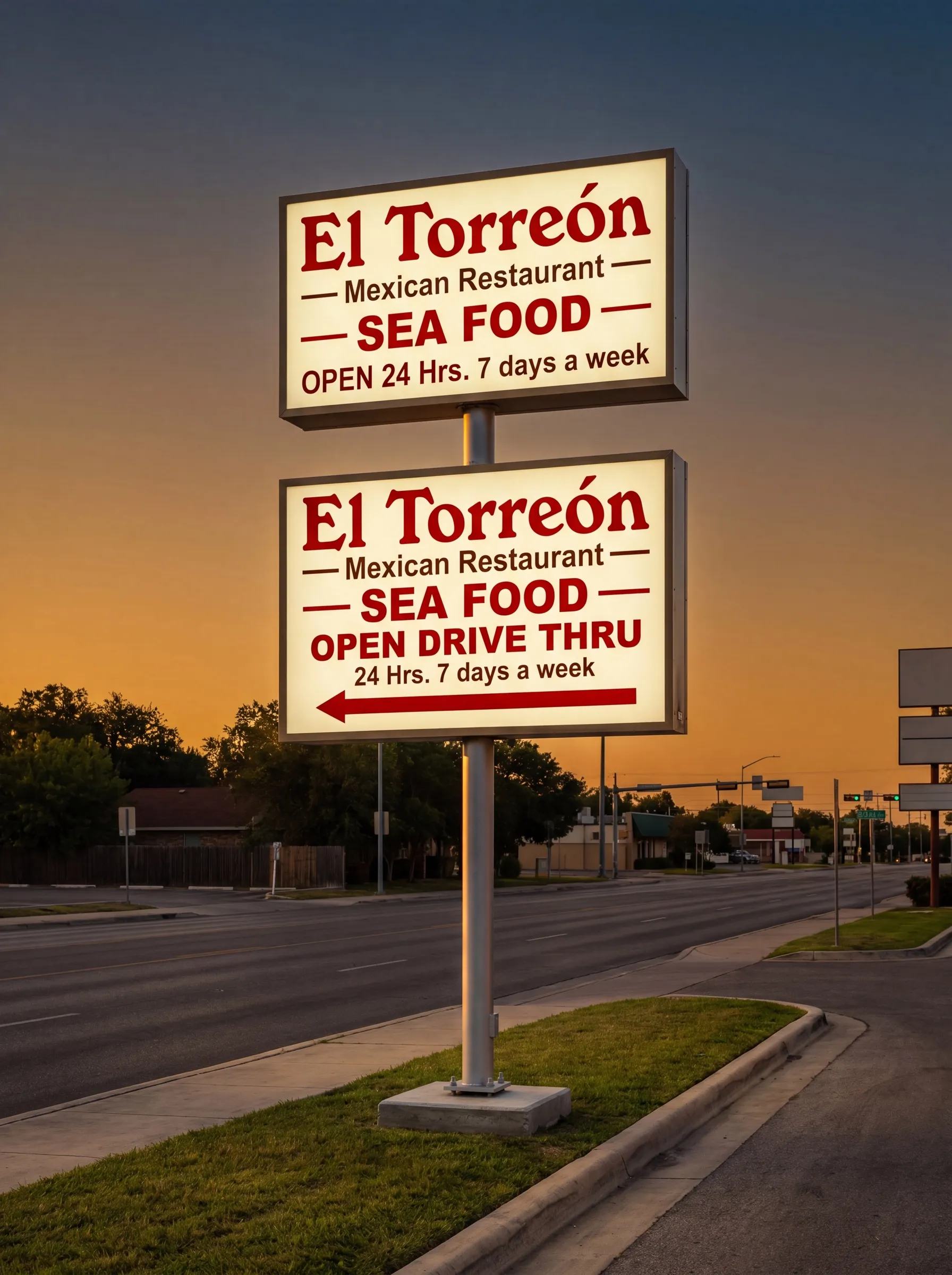 Illuminated El Torreón pole sign at dusk: Mexican Restaurant, Seafood, Open 24 Hrs 7 Days