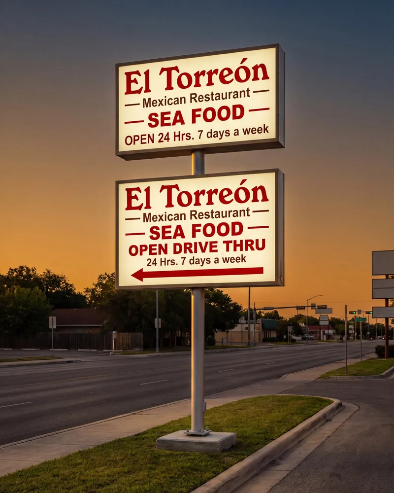 El Torreón illuminated pole sign at dusk reading 'Mexican Restaurant · Sea Food · Open 24 Hrs 7 Days'
