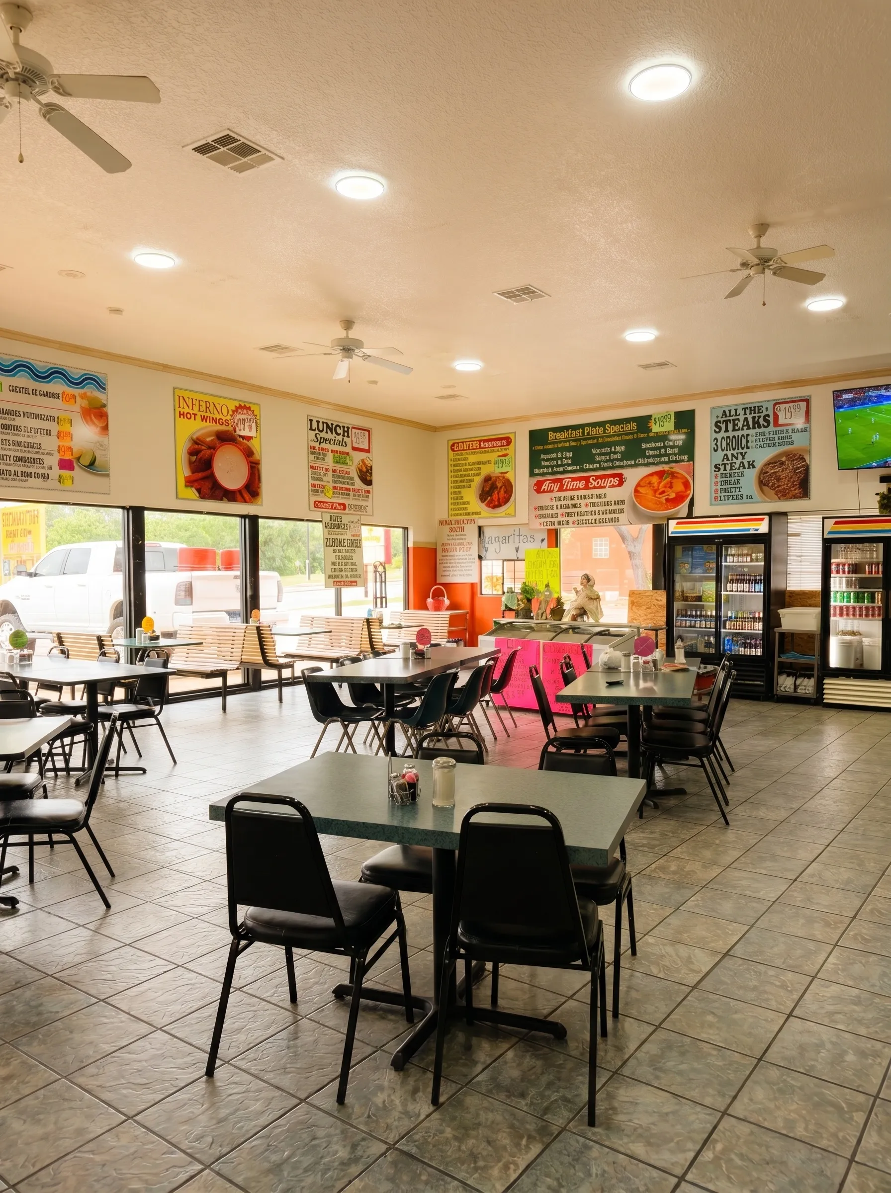 El Torreón dining room interior with ceiling fans, specials posters, and family seating
