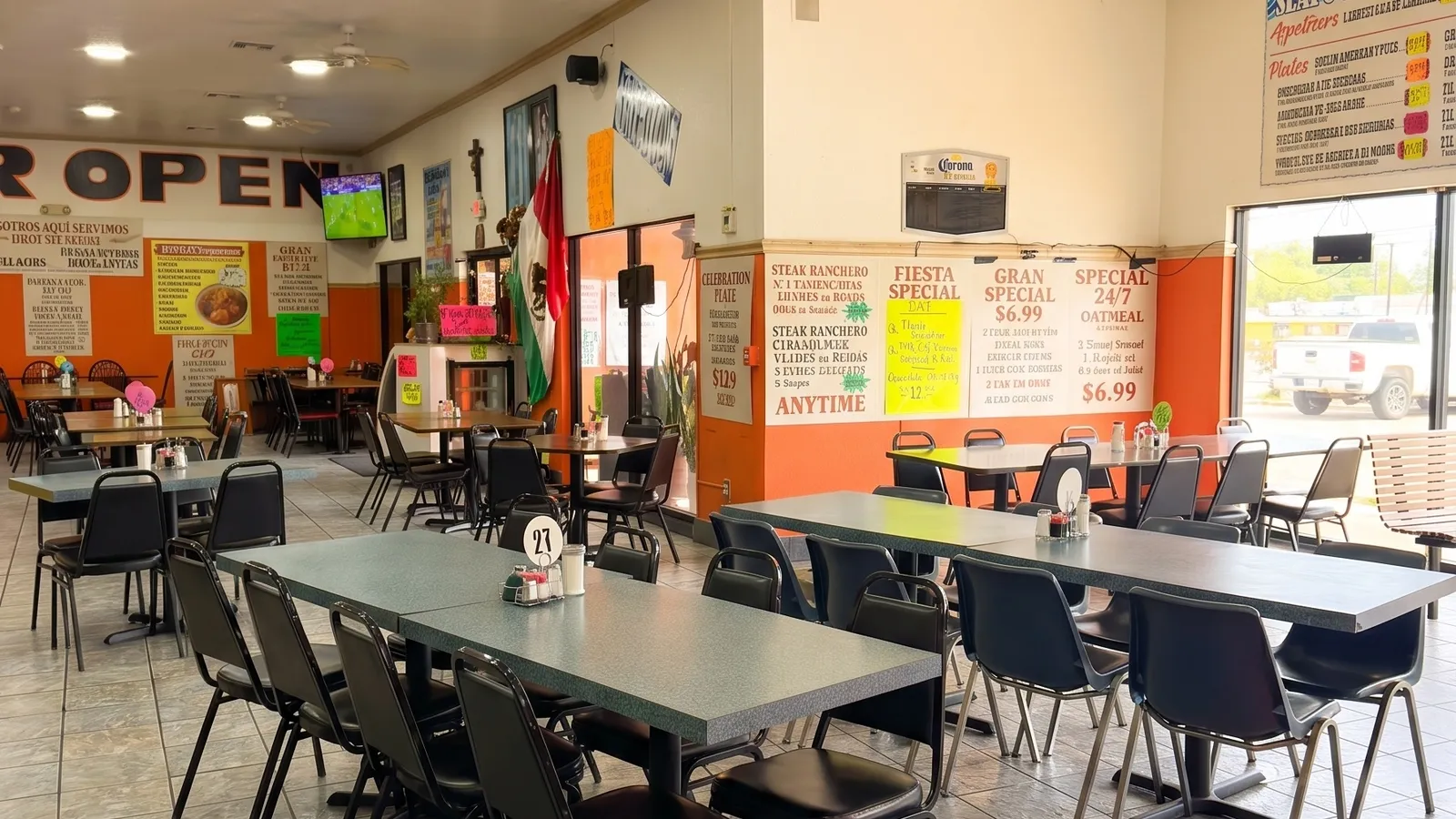 El Torreón interior — BAR OPEN orange wall, Mexican flag, specials posters, dining tables